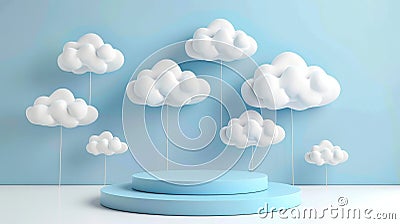 Minimalist white product podium on dreamy blue cloud background studio stage with pastel sky scene Stock Photo