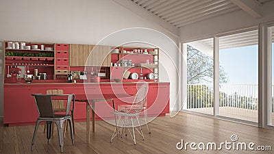 Minimalist white and red wooden kitchen, big panoramic window, c Stock Photo