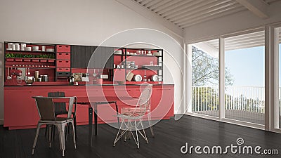 Minimalist white and red wooden kitchen, big panoramic window, c Stock Photo