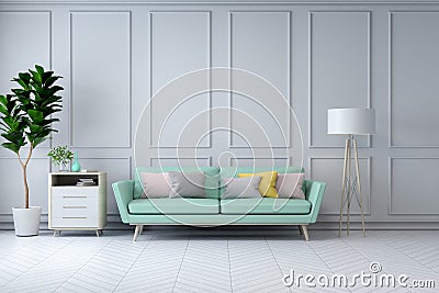 Minimalist white room interior design,green sofa with plant on white wall /3d render Stock Photo