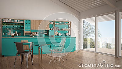 Minimalist white and turquoise wooden kitchen, big panoramic win Stock Photo