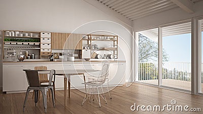 Minimalist white wooden kitchen, big panoramic window, classic s Stock Photo