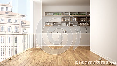 Minimalist white and wooden kitchen with parquet floor and big panoramic window. City, old town panorama in the background. Eco ho Stock Photo