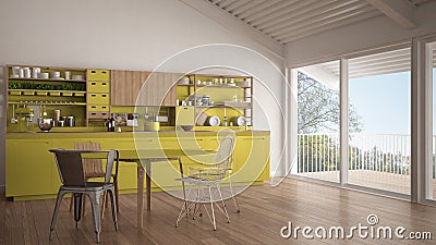 Minimalist white and yellow wooden kitchen, big panoramic window Stock Photo