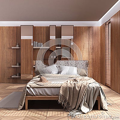 Minimalist wooden bedroom in white and beige tones, close up. Master bed with blankets, parquet and window with venetian blinds. Stock Photo