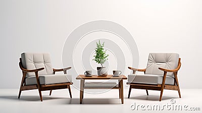 Minimalist Wooden Furniture Set With Coffee And Plant Stock Photo