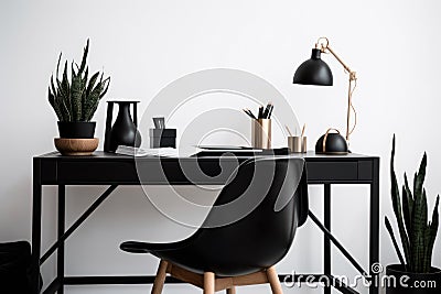 minimalist workplace black desk and chair modern style generative ai Stock Photo