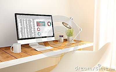 Minimalist workplace with spreadsheet computer Cartoon Illustration