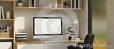 Minimalist workspace with PC desktop computer mockup and decor on minimal wood table Cartoon Illustration