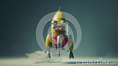 Minimalist Zombie Rocket: 3d Illustration Of A Greenyellow Starship Cartoon Illustration