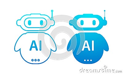 Minimalistic AI robot icons with a blue gradient, representing artificial intelligence, chatbot technology, and futuristic digital Vector Illustration