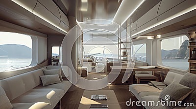 A minimalistic approach defines the interior of a modern recreational vehicle, emphasizing simplicity. AI Generate Stock Photo