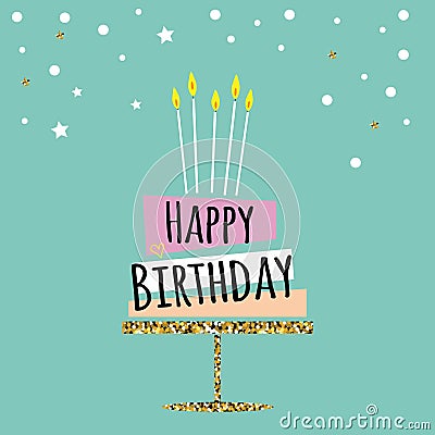 Minimalistic birthday greeting card with big cake and lettering happy birthday. Vector Illustration