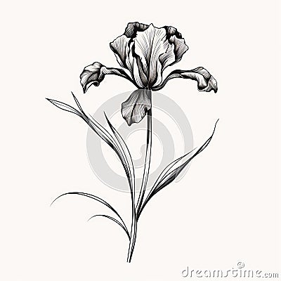 Minimalistic Black And White Iris Flower Drawing - Tattoo Design Cartoon Illustration