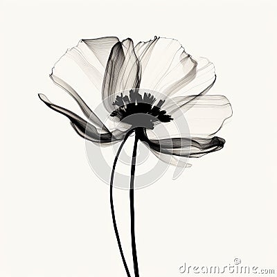 Minimalistic Black And White Poppy Image: Translucent Layers And Graceful Lines Stock Photo