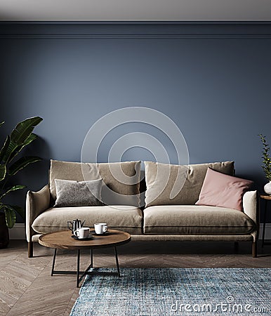 Minimalistic blue living room interior mock up with brown sofa, plant, coffee table, parquet floor, luxury, scandinavian style Stock Photo