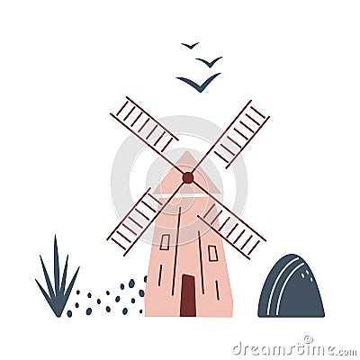 Minimalistic card with windmill, birds and haystack on white background. `Autumn northern landscape in limited colours. Vector Vector Illustration