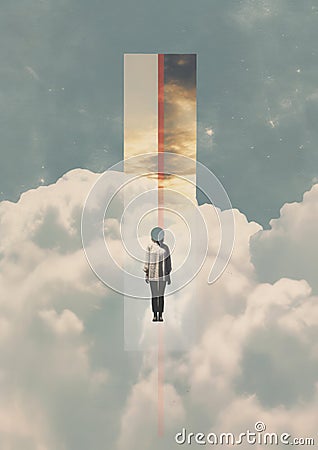 Minimalistic collage of an angel human shape in the sky collage and skyscraper behind. Scattered clouds and blue sky in Cartoon Illustration