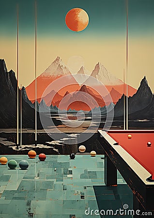 Minimalistic collage of bar with swimming pool and billard with mountaits and red planet in the background. Surreal Cartoon Illustration