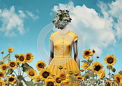 Minimalistic collage of yellow dress on a mannequin and sunflowers with green leaves on blue sky background. Surreal Cartoon Illustration