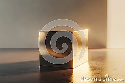 minimalistic cube in gold, gently rotating with soft lighting creating subtle reflections on its Stock Photo
