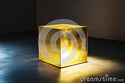 minimalistic cube in gold, gently rotating with soft lighting creating subtle reflections on its Stock Photo