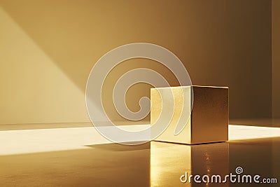 minimalistic cube in gold, gently rotating with soft lighting creating subtle reflections on its Stock Photo