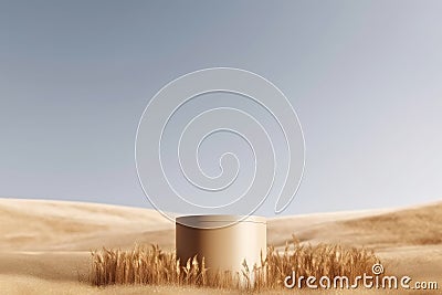 Minimalistic 3D podium stand on dry grass for product display, with a classical arch studio background. Perfect for showcasing Stock Photo