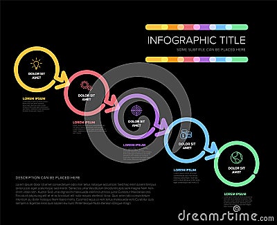 Minimalistic dark five steps diagonal elements template with circles Vector Illustration
