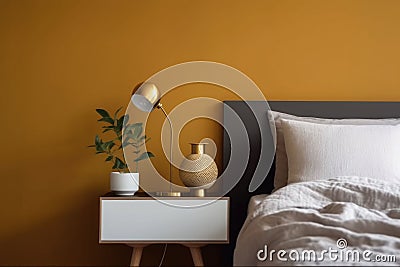 Scandinavian interior with mustard wall. A bedroom with a bedside table, lamp, plant. Generative AI Cartoon Illustration