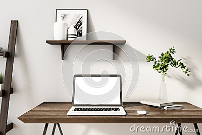 Minimalistic designer workplace with blank laptop computer screen Editorial Stock Photo