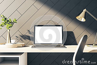 Minimalistic designer workplace with blank white laptop computer screen Editorial Stock Photo