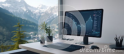 minimalistic desk setup with computer displaying financial data and mountain view Stock Photo