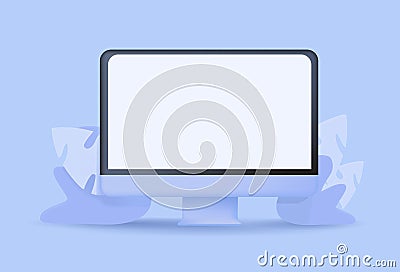 Minimalistic desktop computer mockup. 3D render modern illustration. Blue background, website template. Blank screen. Vector Illustration