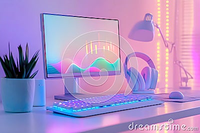 Minimalistic desktop setup with a monitor displaying colorful wave graphics, a backlit keyboard, headphones, and a plant Stock Photo