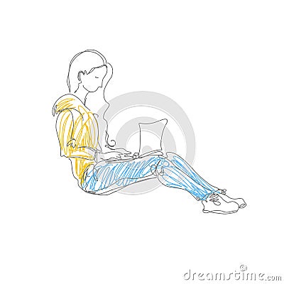 Minimalistic doodle drawing of girl sitting with laptop Vector Illustration