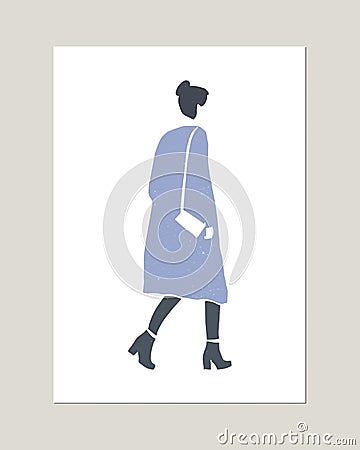 Vector minimalistic fashion woman silhouette portrait. Autumn, winter or spring concept. Natural texture. Print for poster, card Vector Illustration