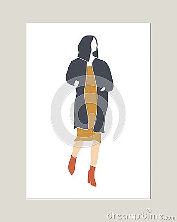 Vector minimalistic fashion woman silhouette portrait. Autumn, winter or spring concept. Natural texture. Print for poster, card Vector Illustration