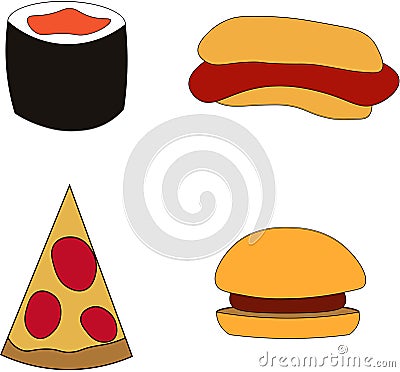 Minimalistic fast food. Pizza and burger. Hot dog and sushi. Design for cafe, restaurant and menu, flyers, advertisements and Stock Photo