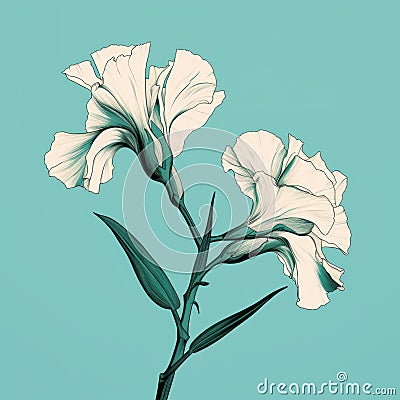 Minimalistic Gladiolus Line Art Print On Turquoise Background Cartoon Illustration