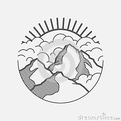 Minimalistic graphic landscape with mountains, clouds and the sun Vector Illustration