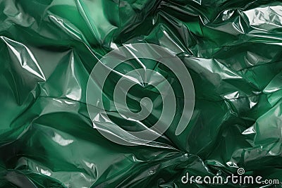 Minimalistic green texture of transparent wrinkled plastic. Crumpled wrinkled plastic cellophane. Reflects light and shadow on the Stock Photo