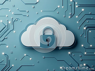 Minimalistic grey cloud icon integrated into a geometric circuit pattern, representing secure cloud networks, advanced encrypti Cartoon Illustration