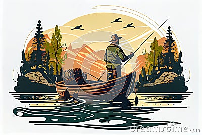 minimalistic illustration of a fisherman in a boat. Generative AI Cartoon Illustration