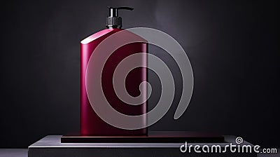 Minimalistic image of a pink shampoo bottle in the center of the podium. Luxurious studio lighting. Generative AI Stock Photo