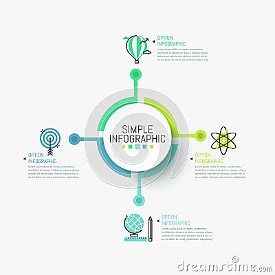 Minimalistic infographic design layout. Central round element connected with four colorful icons and text boxes Vector Illustration