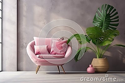 Minimalistic interior of a living room or hallway, a pink soft chair next to a green monstera flower against a background of a Stock Photo