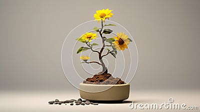 Minimalistic Japanese Conceptual Sculpture: Potted Sunflower In Meticulously Detailed Still Life Stock Photo