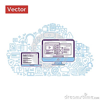 Minimalistic landing illustration shown digital world around com Cartoon Illustration