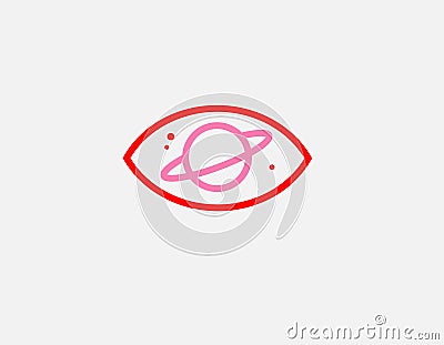 Linear red and pink abstract logo icon eye inside the planet Saturn Vector Illustration